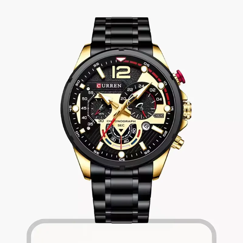 Curren Luxury Chronograph Black-Gold Dial Men's Watch- 8395